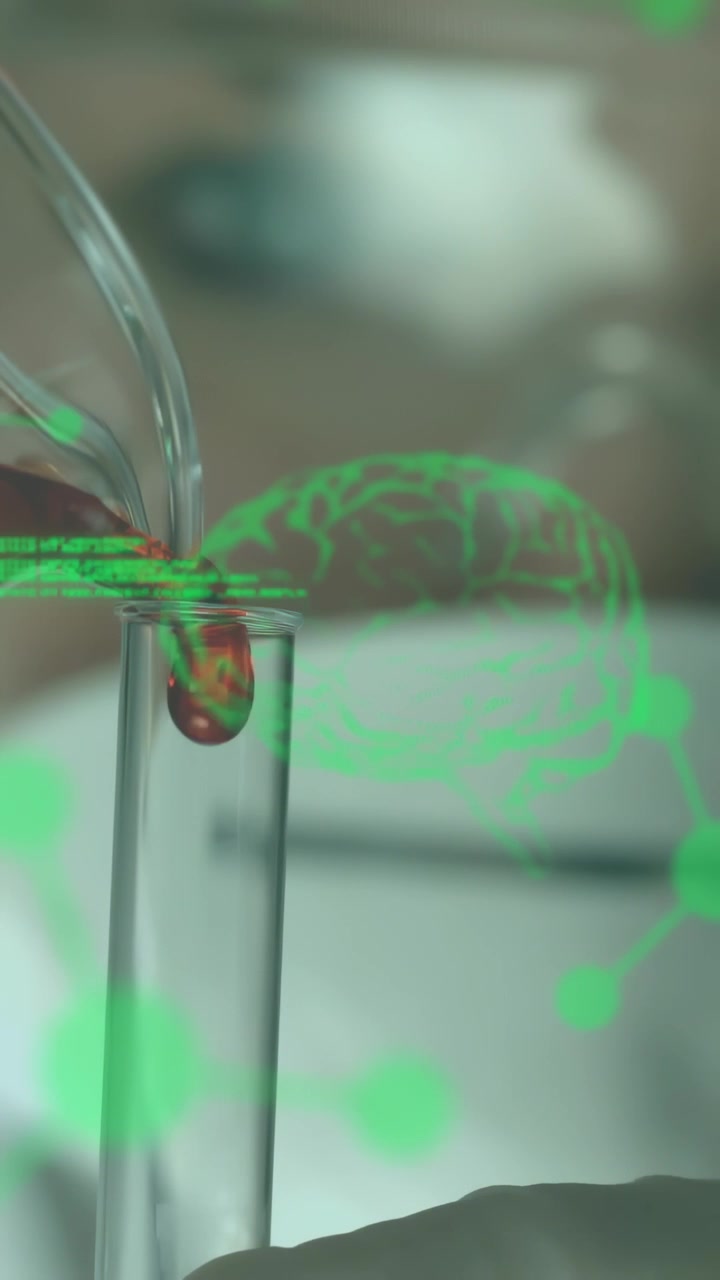 Vertical video: Woman pouring jar, stream filling tube for lab, green overlay shifting over tube