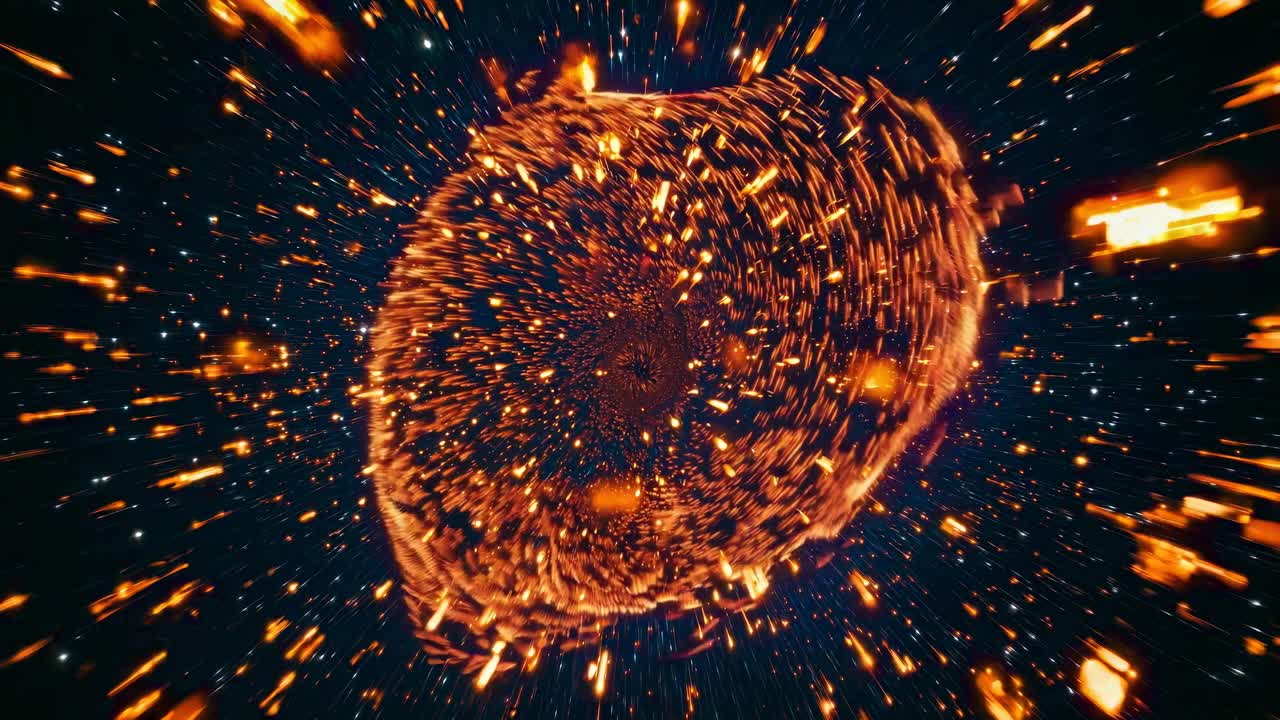 Video dinamico di un'esplosione cosmica con prospettiva in prima persona, caratterizzato da tonalità arancioni vivaci.