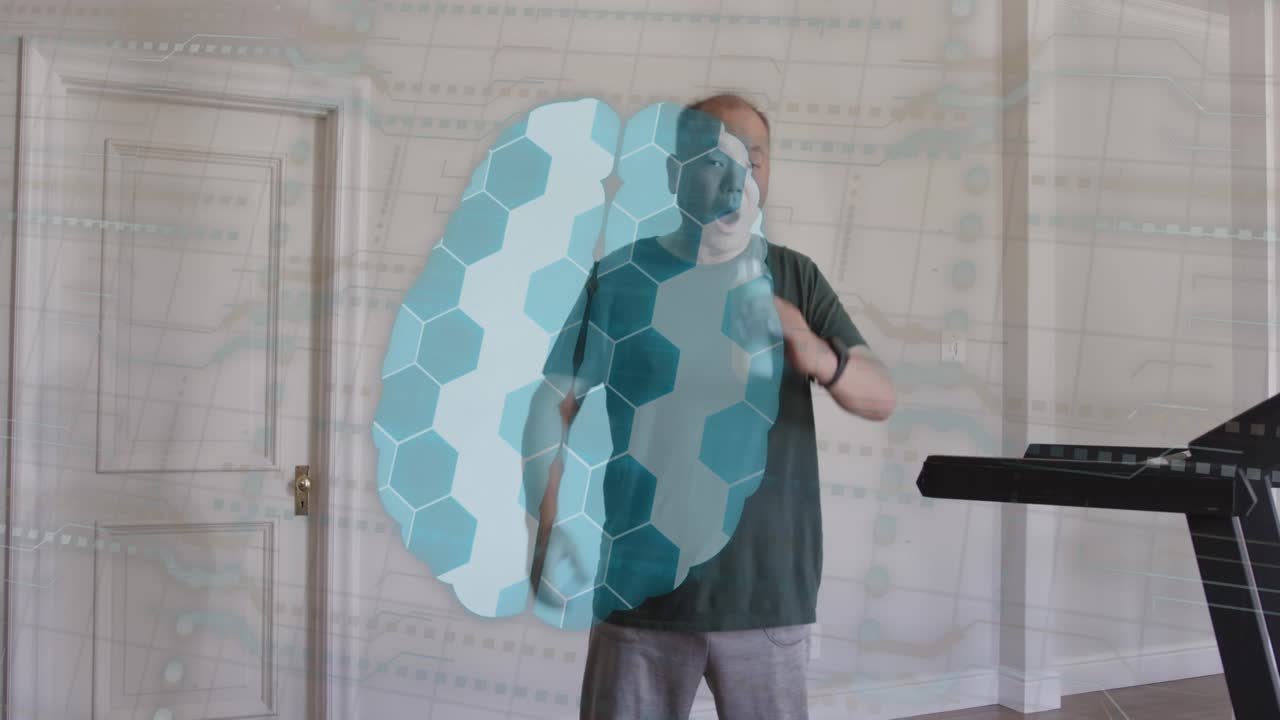 Tapping treadmill console, mature man stepping off and drinking while lung overlay tracking fitness