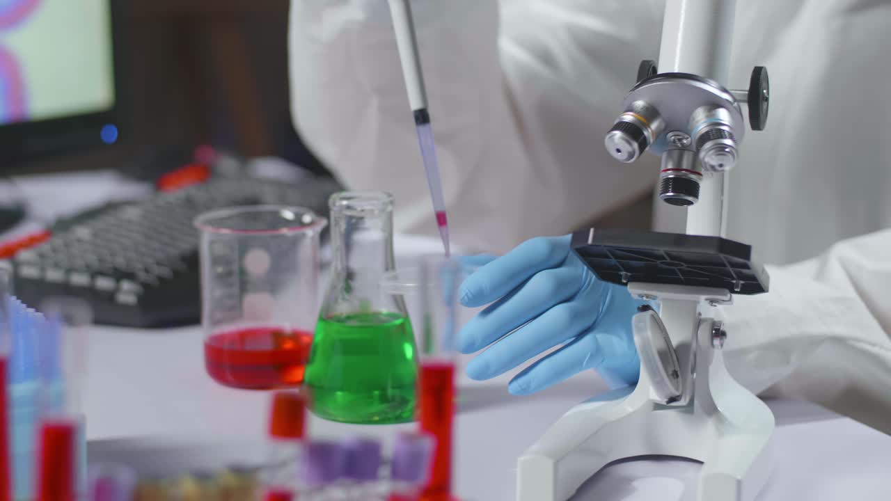 Close Up Of Chemical Technician Microbiology Analysis Sample On Microscope, Modern Technology. Modern Laboratory With Research Equipment For Virus Study And Vaccine Science Development