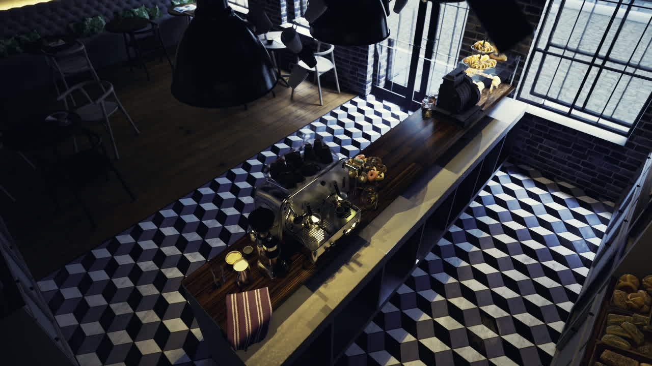 Modern cafe interior with stylish decor and patterned floor tiles