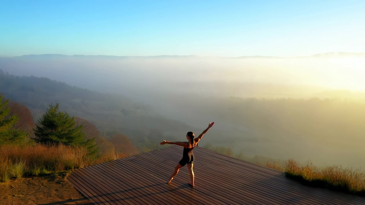 Donna di spalle su una terrazza panoramica in legno che si protende verso l'alto accanto a una vasta valle coperta di nebbia all'alba, con una calda luce mattutina, una cresta montuosa distante, una foresta a strati e un cielo aperto e spazioso.