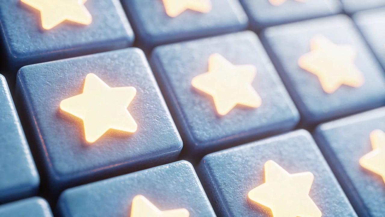 Shifting camera revealing blue tile grid with glowing star icons at studio, creating parallax pulse