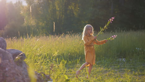 beautiful summer girl with flowers on vibrant blossoming meadow, backlit