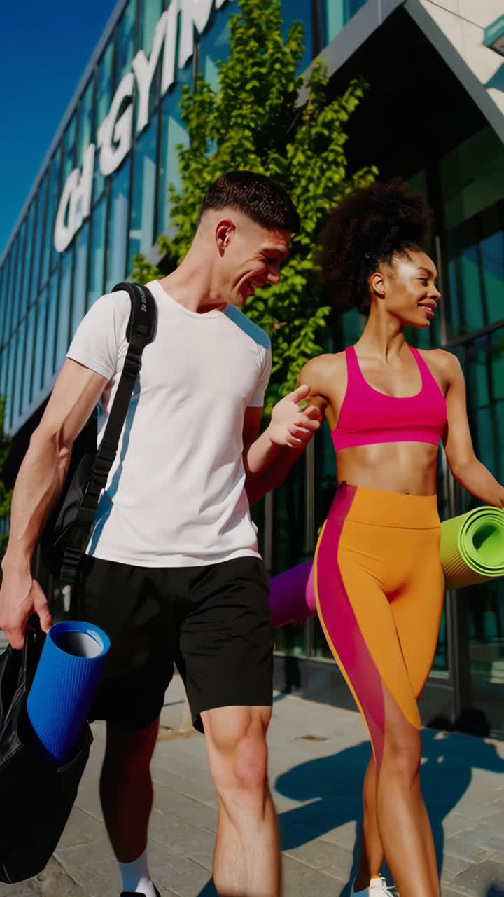 Couple Walking with Yoga Mats and Gym Bag After Workout