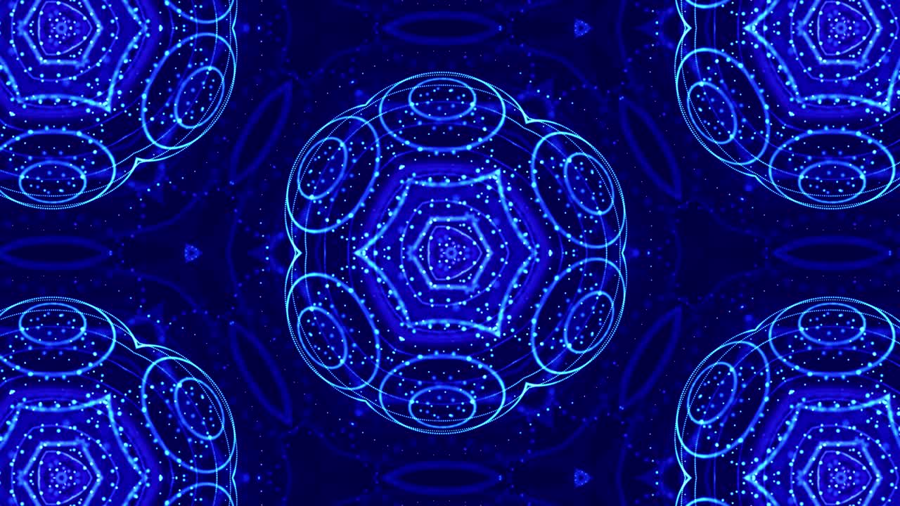 tema abstracto caleidoscópico. fondo 3d de ciencia ficción en bucle de 4k con partículas azules brillantes forman líneas, superficies, patrones estructuras simétricas complejas
