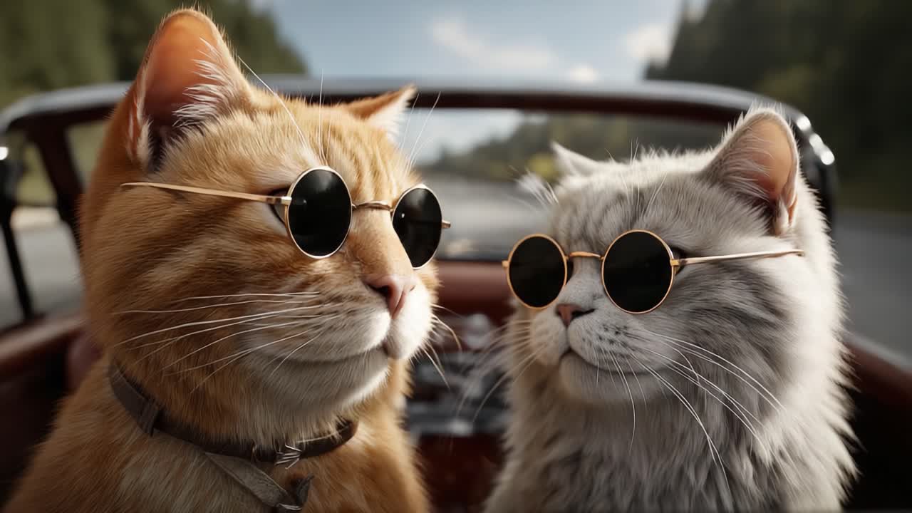 Due Gatti Eleganti si Godono un Giro Panoramico Insieme con gli Occhiali da Sole, Emanando Fascino e Personalità Mentre si Rilassano in un'Auto Decappottabile Immersi nella Natura