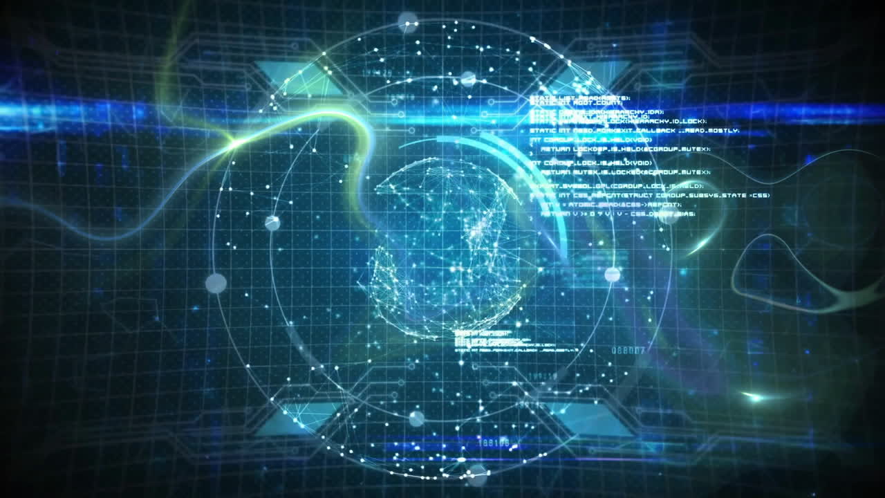 Holographic globe rotating while neon light trails dancing around floating data points over grid