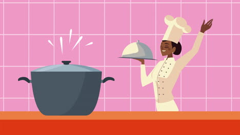 afro female chef with tray and pot animation