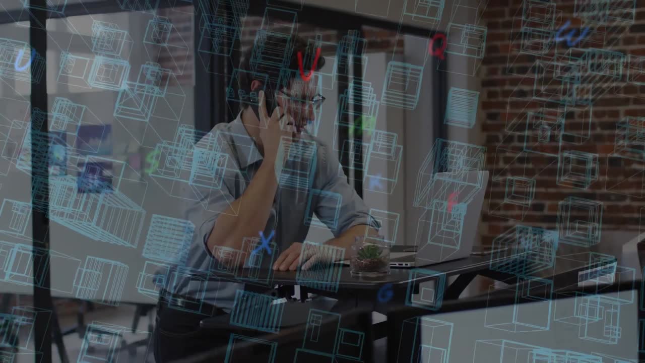 사무실에서 사업가 위에 3d 도시 그림의 애니메이션
