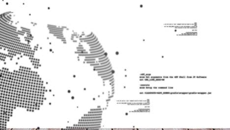 Animation-Von-Schwarzen-Flecken,-Sich-Drehendem-Globus-Und-Datenverarbeitung-Vor-Weißem-Hintergrund