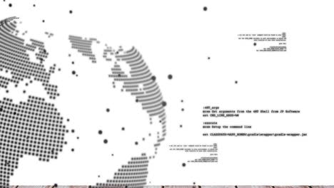 Animación-De-Puntos-Negros,-Globo-Giratorio-Y-Procesamiento-De-Datos-Sobre-Fondo-Blanco