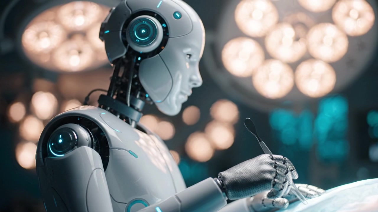 Un assistente chirurgico robotico avanzato esegue una procedura con strumenti di precisione in una sala operatoria ad alta tecnologia con illuminazione potenziata e tecnologia avanzata