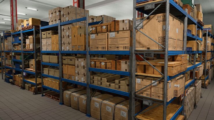 Industrial Warehouse Filled With Storage Boxes Labeled For Shipment, Distribution Center Storing Cargo For Import Export Industry