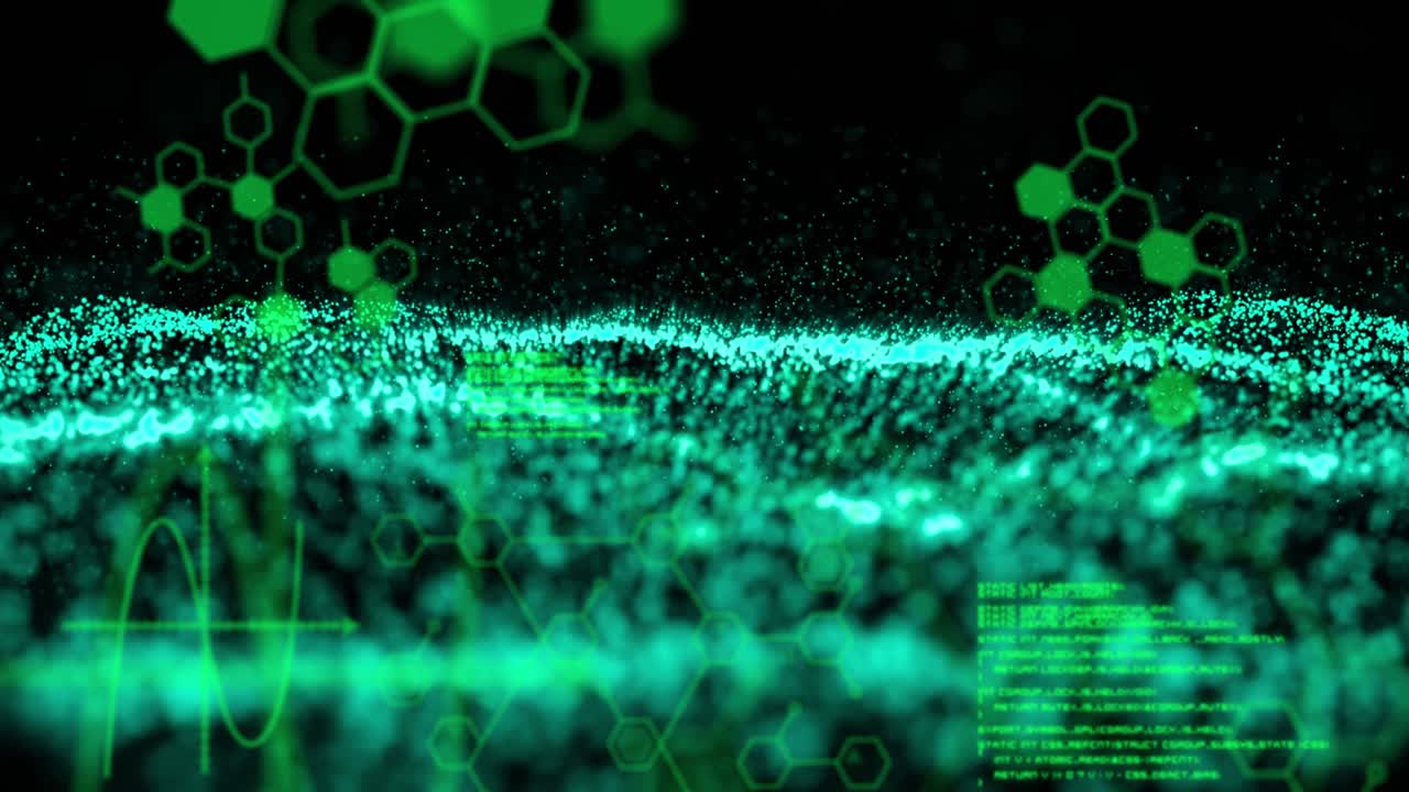 검은 바탕에 녹색 mesh로 화학 구조의 애니메이션