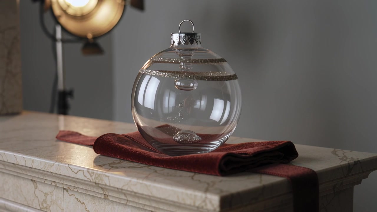 La telecamera si allontana mostrando un ornamento di vetro su una mensola di marmo con un panno, rivelando la luce di una lampada da studio