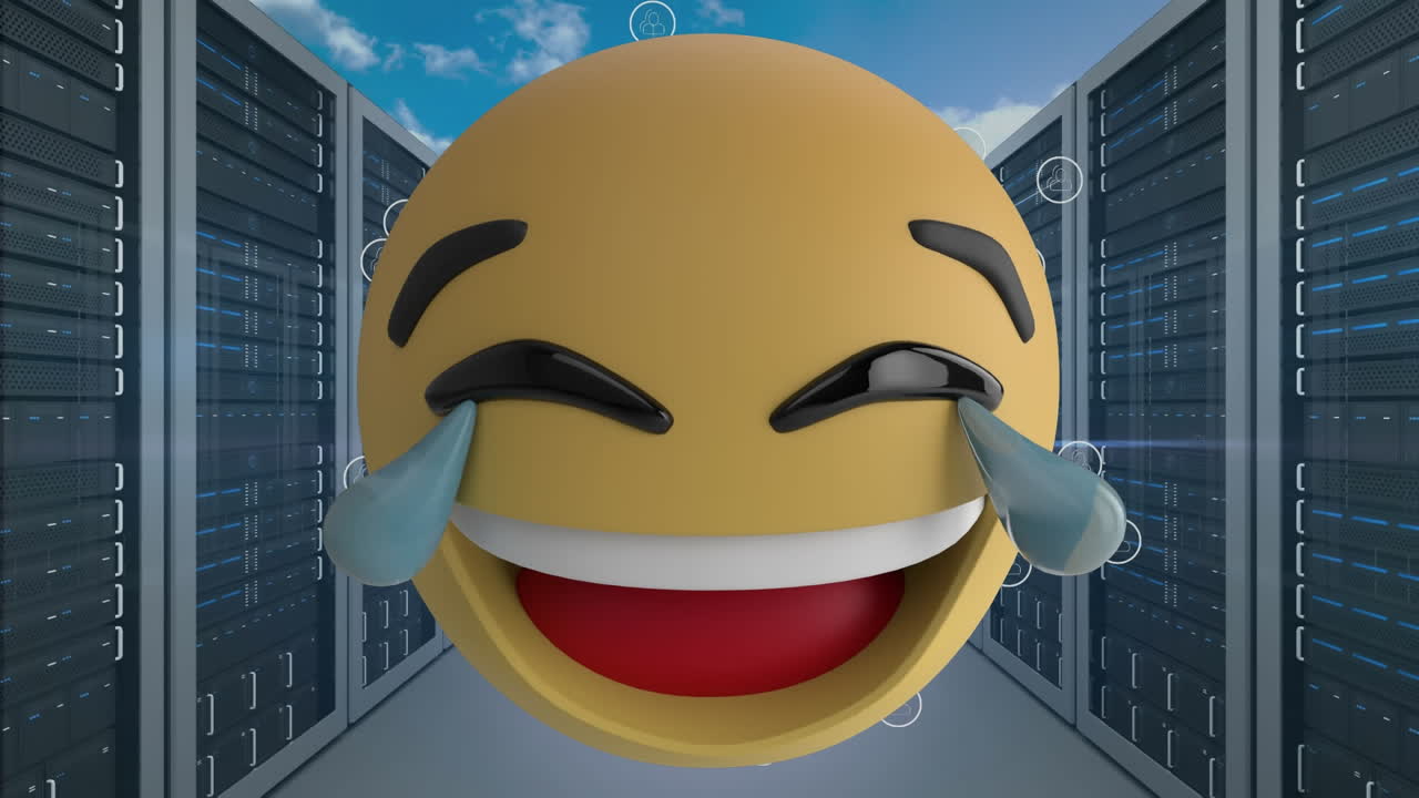 Changing face emojis over multiple computer servers against clouds in blue sky