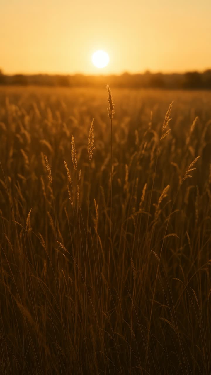 A serene sunset video captures golden wheat fields from a low angle, highlighting the warm glow