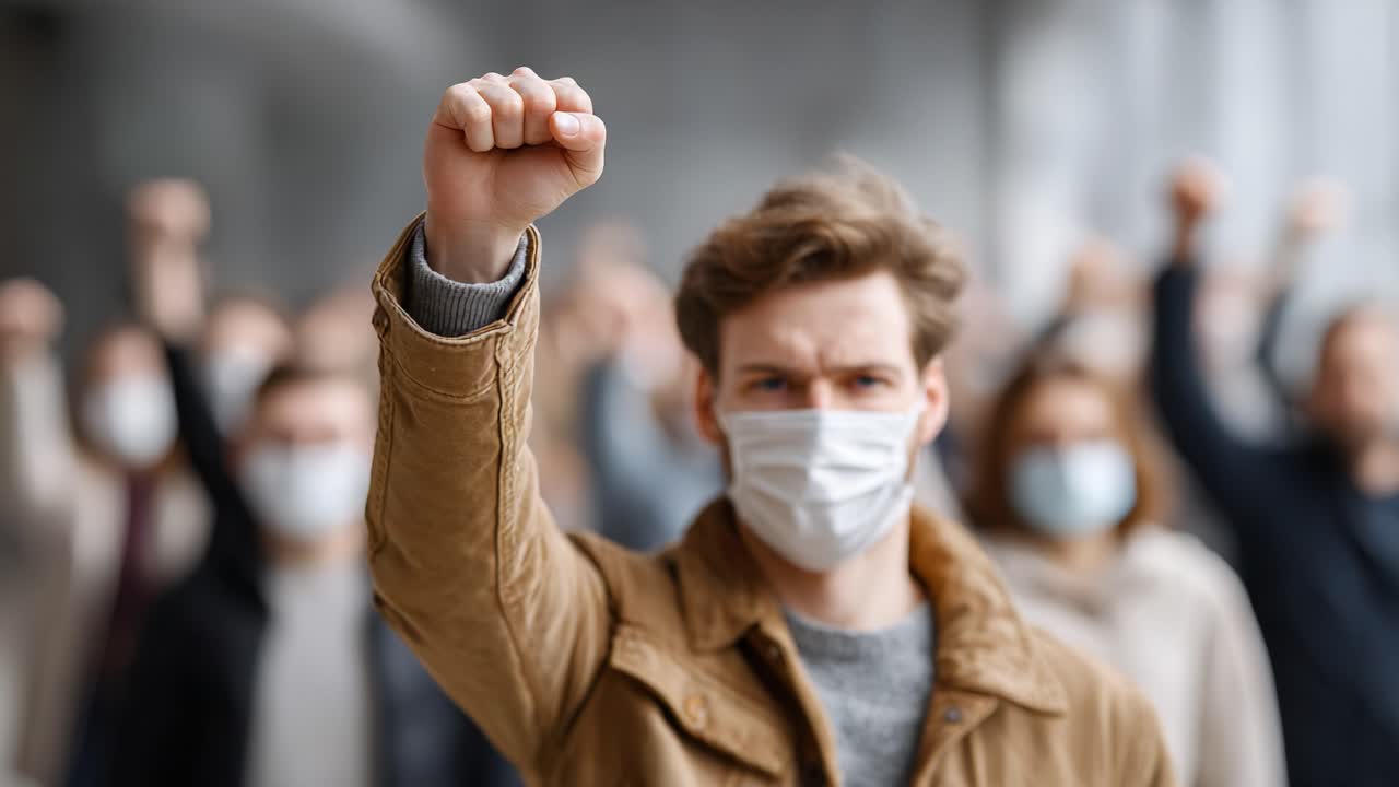 A Unified Stand: Individuals Raising Fists in Solidarity Amidst a Shared Cause, Wearing Masks, Signifying Resilience and Hope in the Face of Challenges