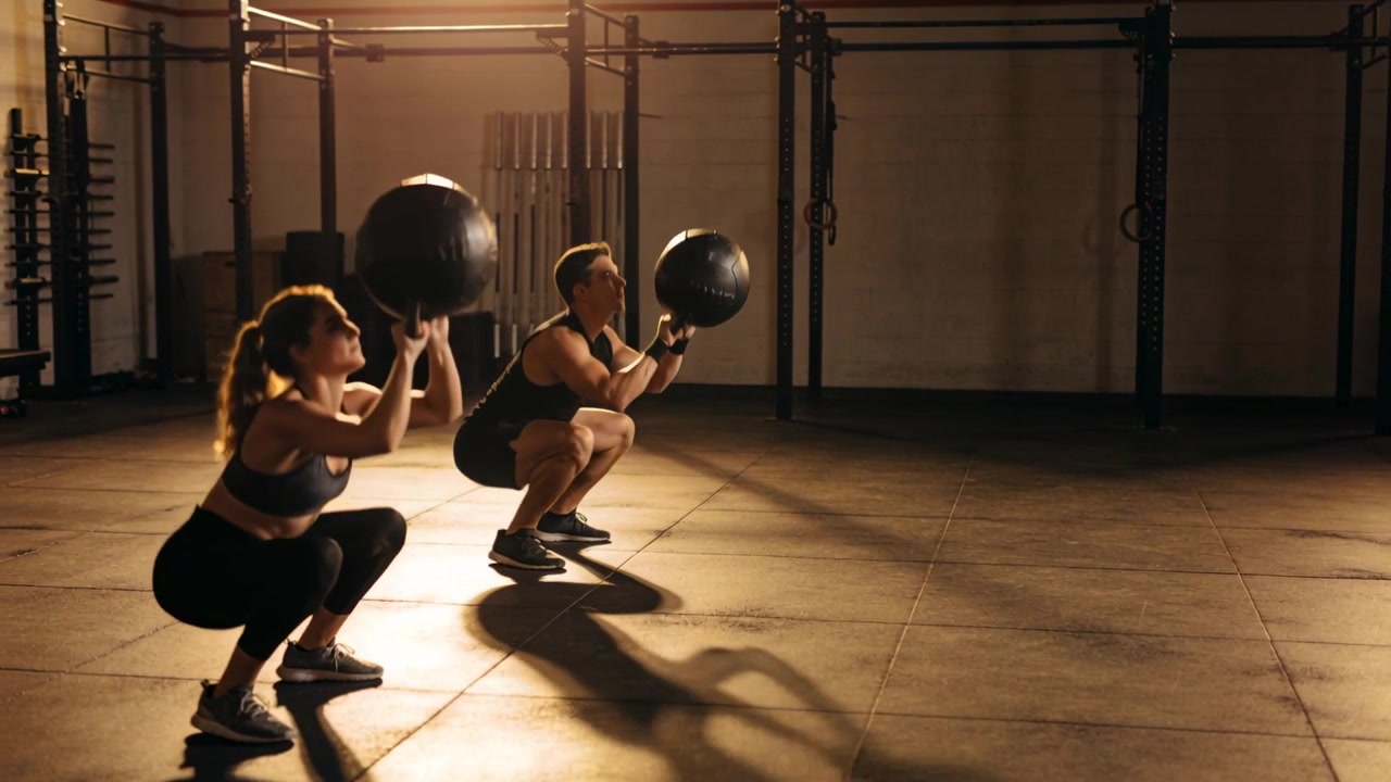 Due adulti in abbigliamento da palestra eseguono squat, alzandosi con esplosività e lanciando palle mediche durante l'allenamento in palestra.