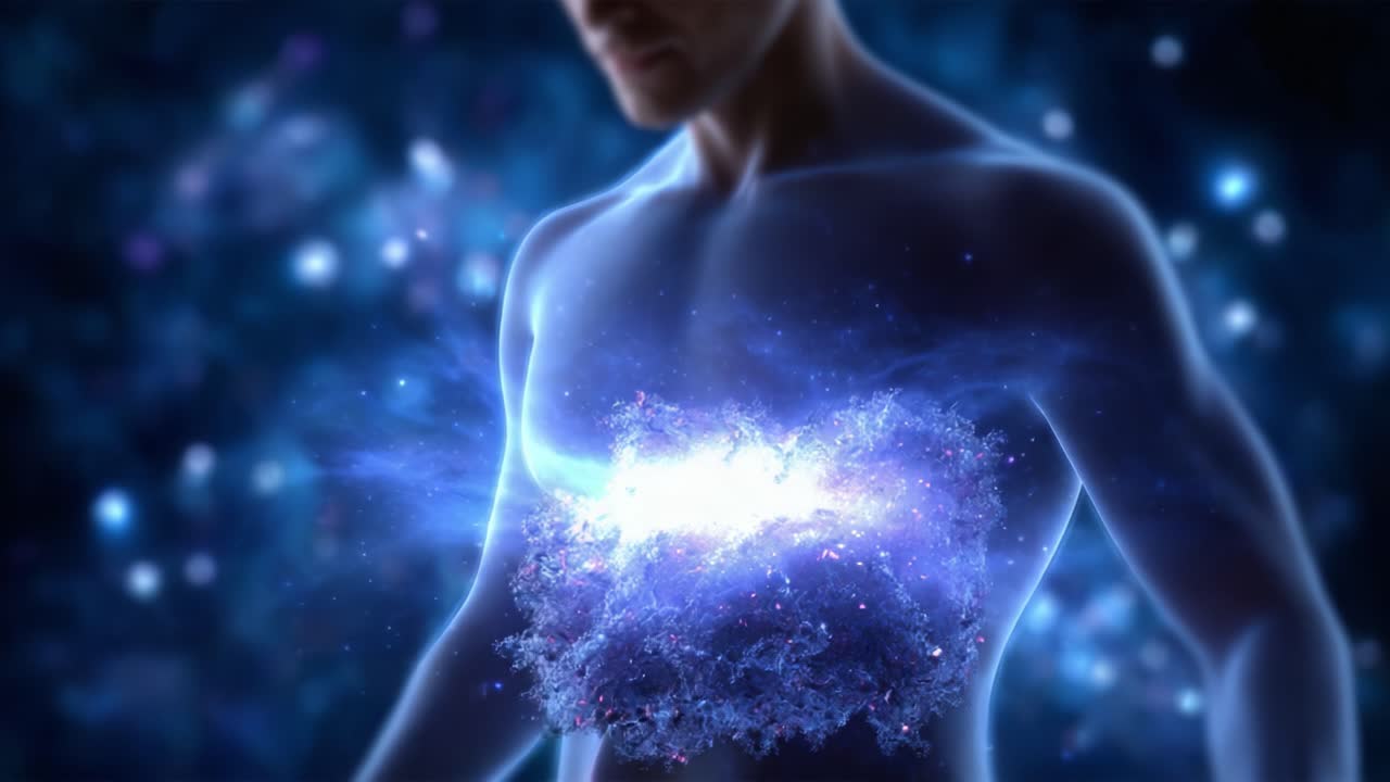 Un viaggio trascendentale interiore: L'energia cosmica che emana dalla forma umana, a simboleggiare la connessione tra corpo e universo in una metafora visiva mozzafiato
