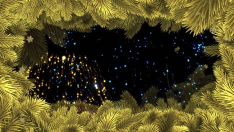 animation of colourful new year fireworks and snowflakes in night sky with christmas tree border