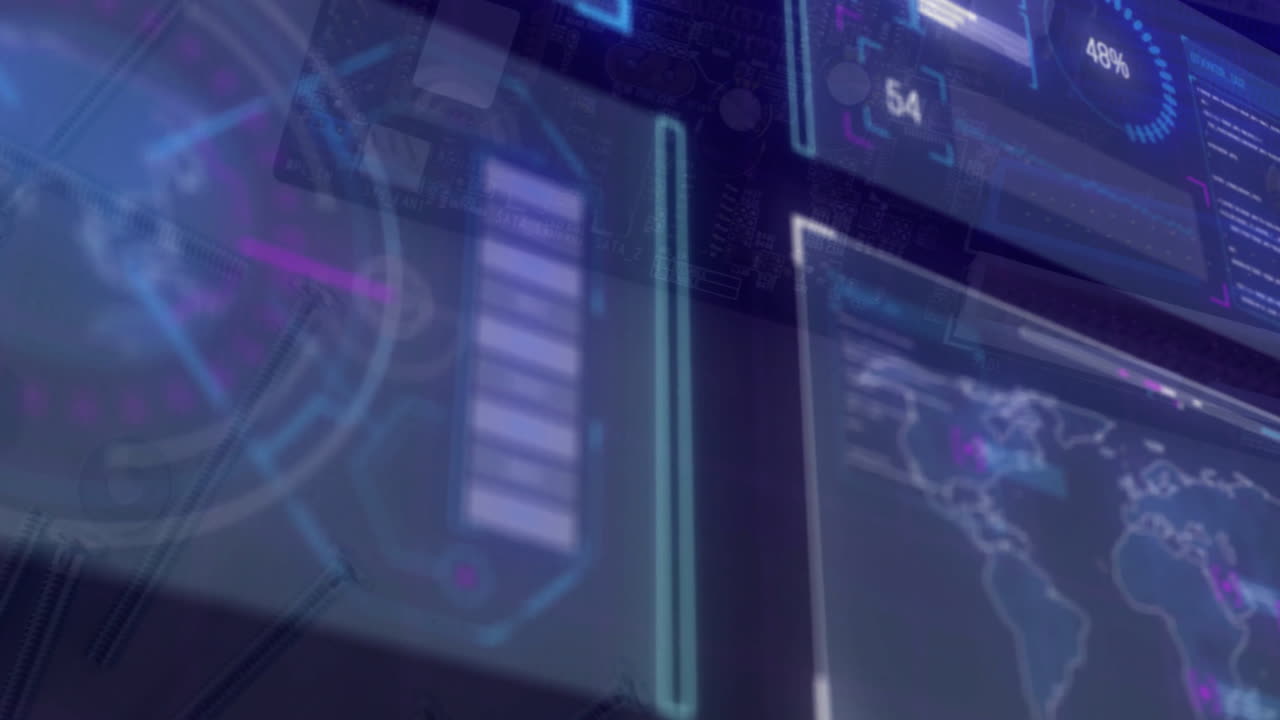 animación del procesamiento de datos y diagramas sobre el paisaje urbano.