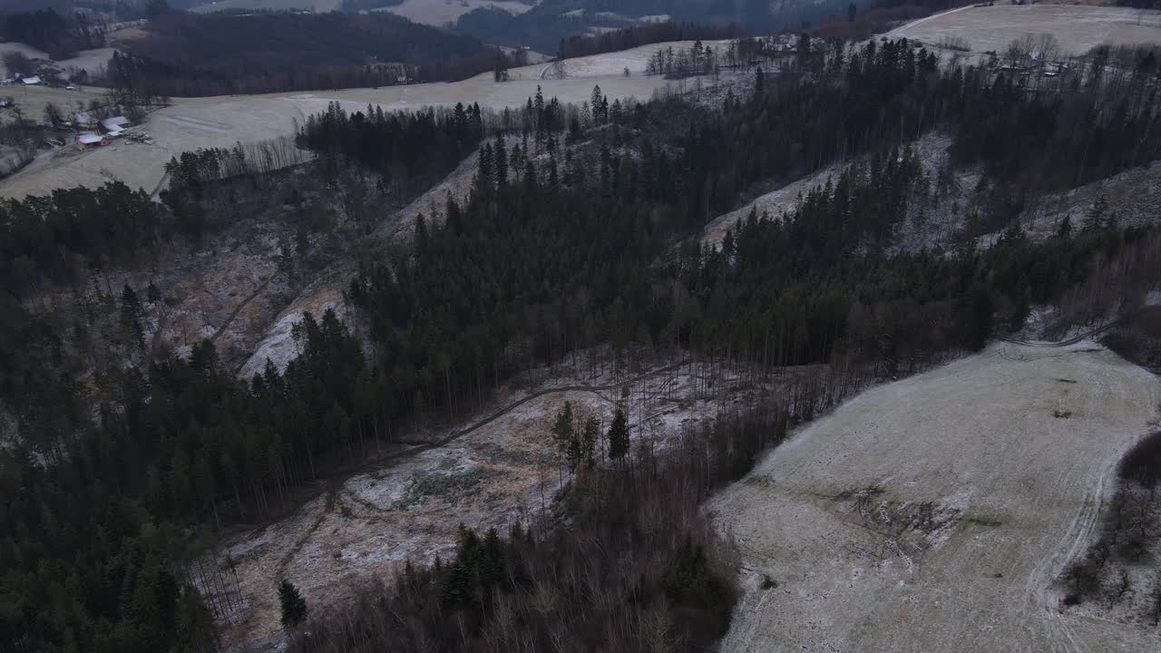volando sobre el paisaje sobre los árboles y la vista del pueblo circundante durante el comienzo de las nevadas