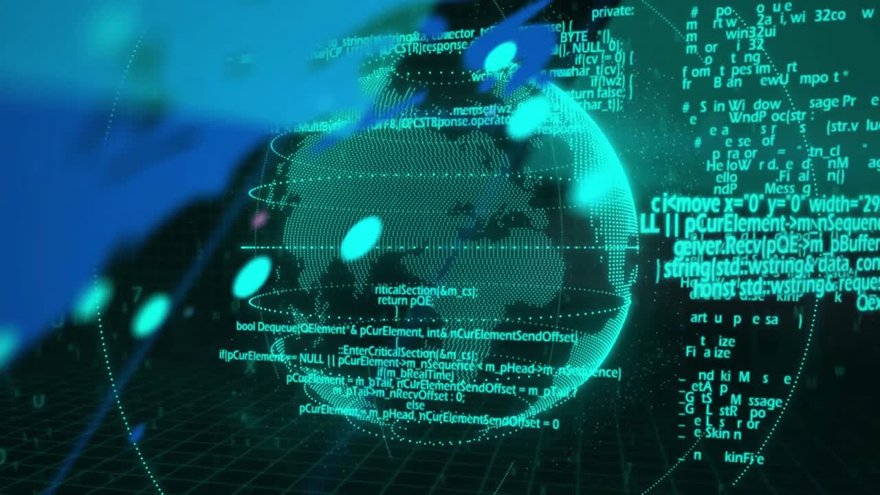 Teal 3D globe rotating, starting when blue brush sweeping, readouts appearing, visualizing data