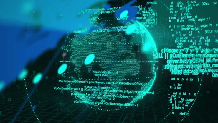Teal 3D globe rotating, starting when blue brush sweeping, readouts appearing, visualizing data