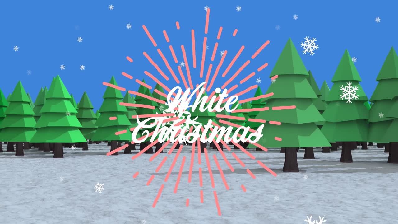 Animação de texto 'Natal Branco' sobre pinheiros