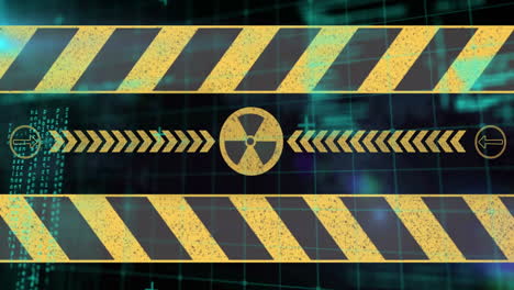 animation of yellow caution stripes and radiation symbol on digital grid background