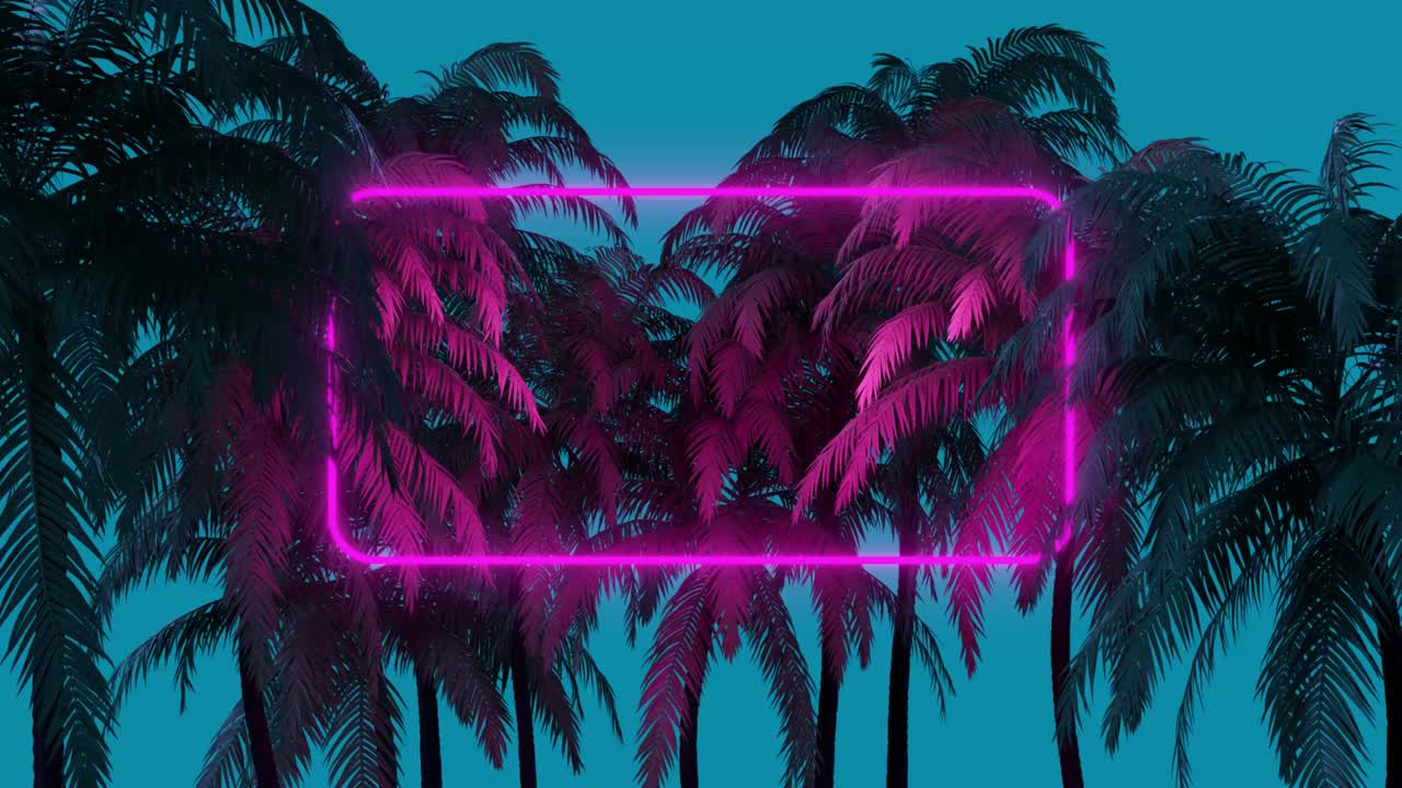 Cornice rettangolare al neon luminosa appare nella foresta tropicale. Sfondo retrowave stile anni '80. Animazione 3D con zoom indietro. 4K