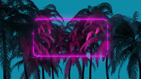neon glowing rectangle frame appears in the tropical forest. 80s style retrowave background. 3d zooming out animation. 4k