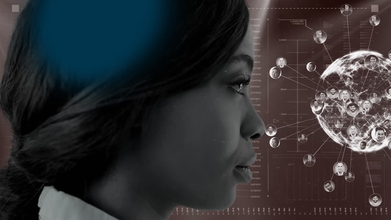 animación del globo con una red de conexiones sobre el rostro de la mujer