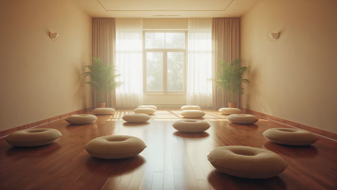 Shot starting, camera pushing in on donut cushions in meditation room, revealing floor reflections