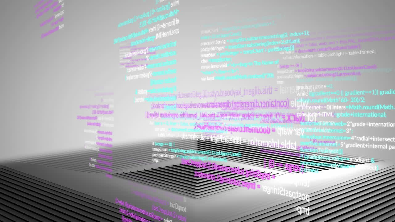animación del procesamiento de datos sobre pirámide de líneas concéntricas negras y grises sobre fondo gris