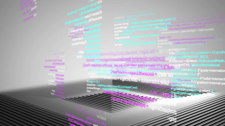 Animation af databehandling over sort og grå koncentrisk linjepyramide på grå baggrund