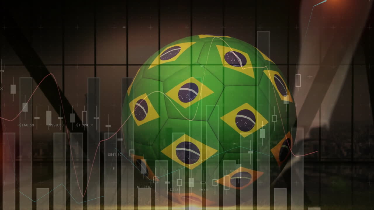 Animation of Brazilian flags on green soccer ball over financial data charts