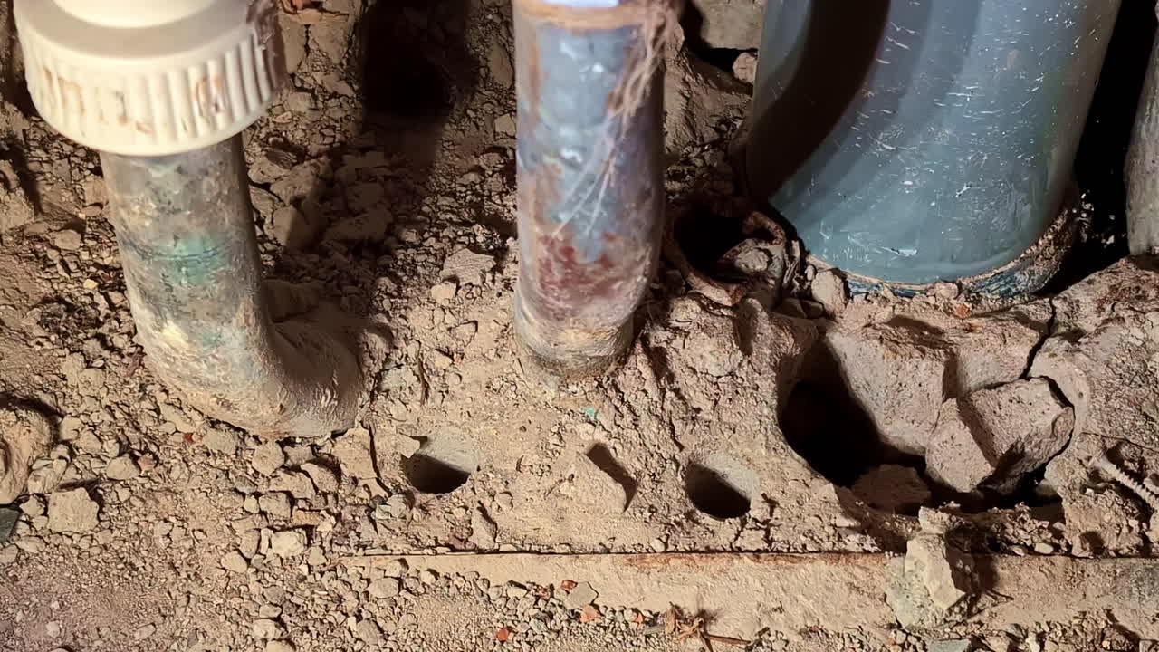 Exposed plumbing pipes and cracked concrete at interior construction site