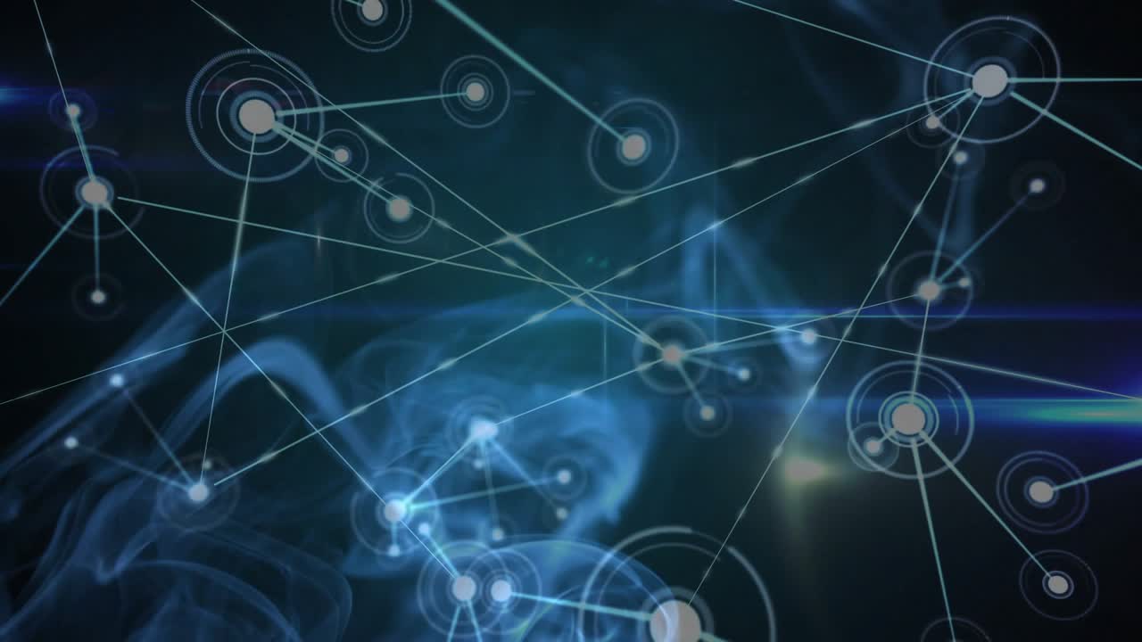 Central HUD target appearing, blue smoke rising while links spawning nodes, visualizing network