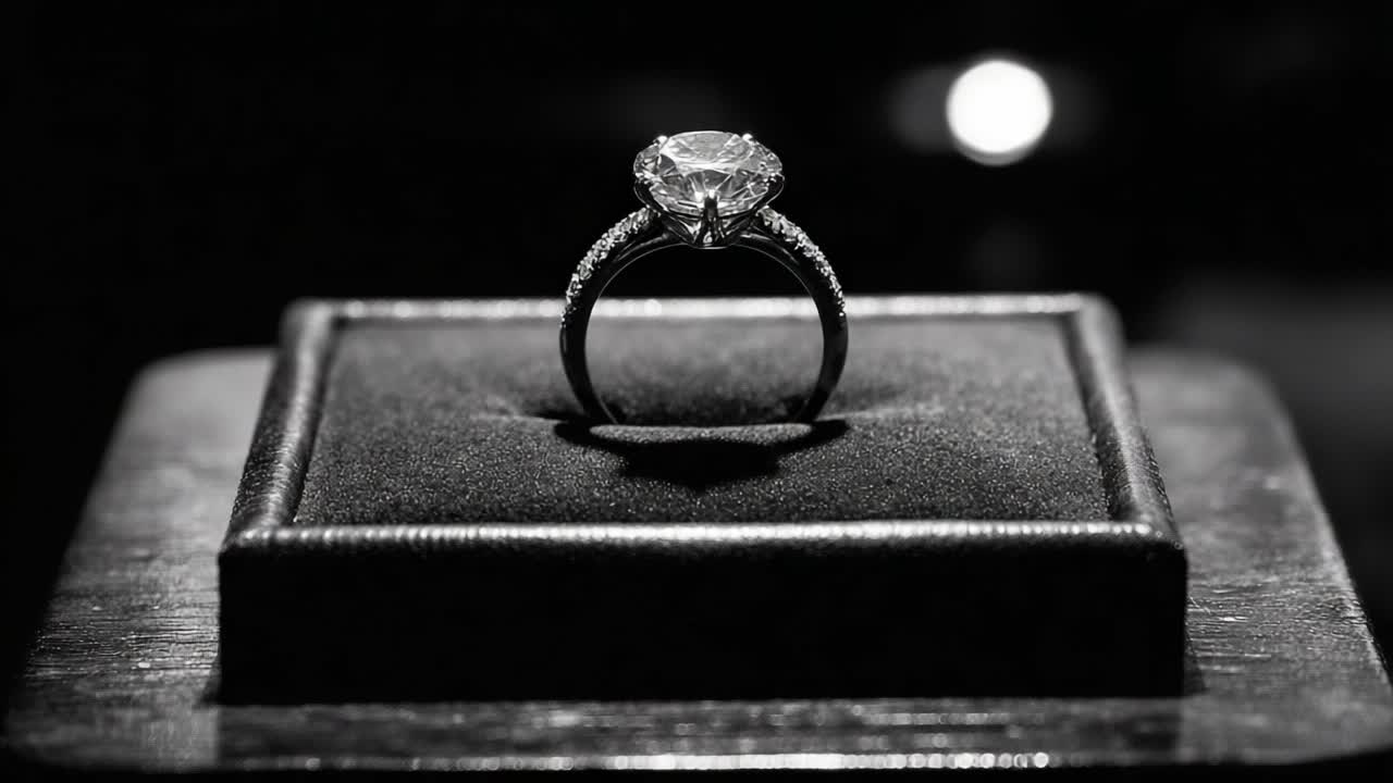Uno splendido primo piano di uno scintillante anello di fidanzamento con diamante esposto elegantemente su un morbido cuscino di velluto nero, con un'illuminazione drammatica.
