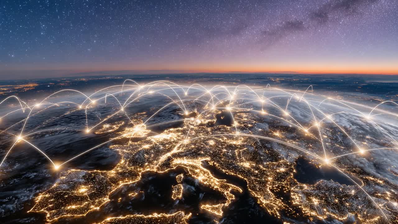 Aerial View of Europe Illuminated at Night, Showcasing Global Connectivity Through a Complex Network of Light Trails Across the Majestic Landscape