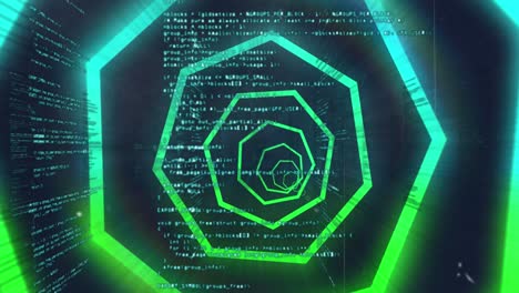 Animation-of-blue-and-green-neon-geometrical-shapes-over-data-processing