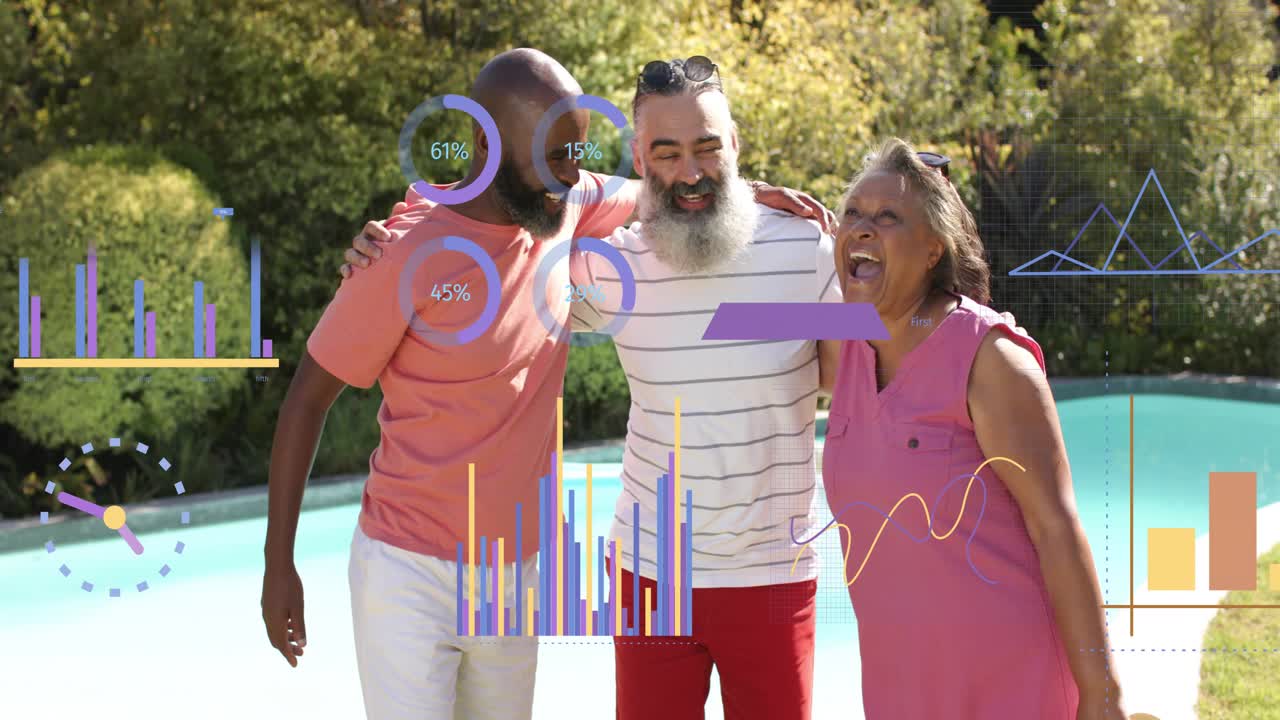 Three adults greeting poolside, coral tee man extending hand, animated marketing charts overlaying