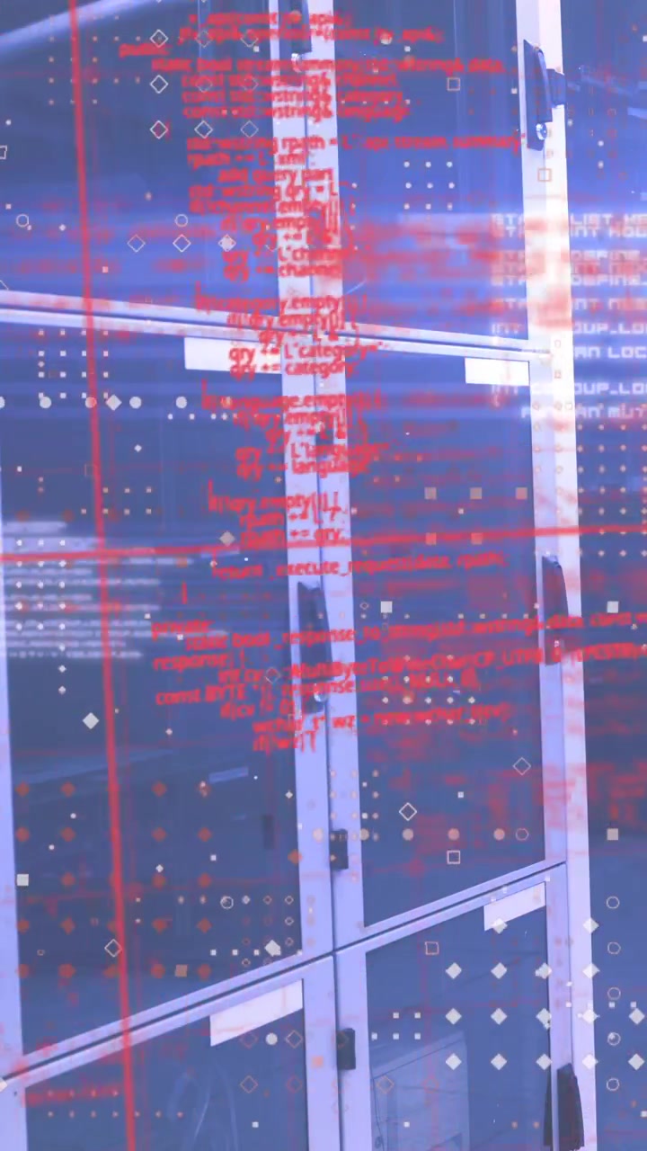 Animation von Datenverarbeitung und Punktemuster vor einem Computerserverraum