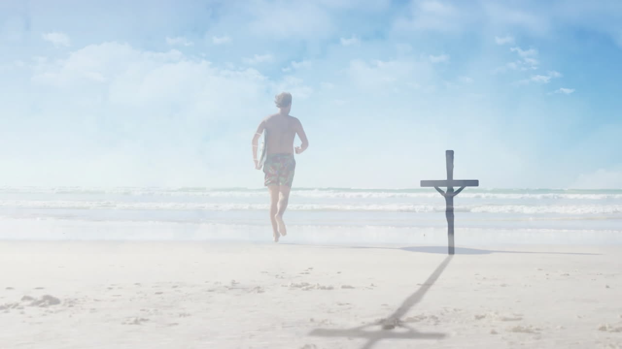 Male surfer running along shore toward sea with surfboard showing animated health data, heart icon