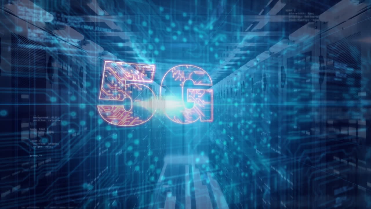 In digital data center, 5G technology animation glowing with futuristic effect