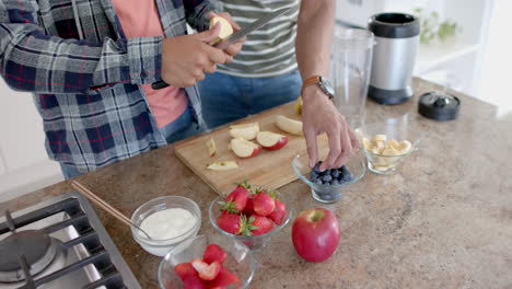 Feliz-Pareja-Gay-Diversa-Preparando-Fruta-Para-Batido-En-La-Cocina,-Espacio-Para-Copiar,-Cámara-Lenta