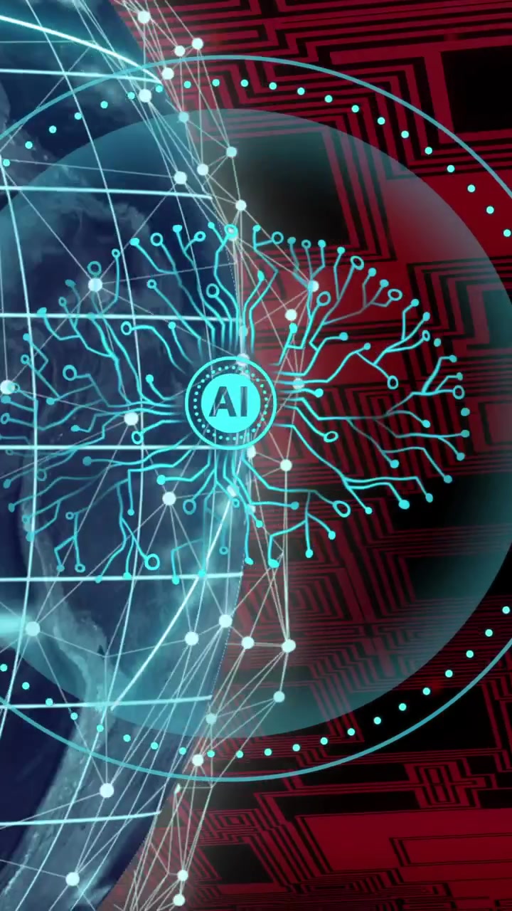 Animation of ai text, human brain and digital data processing over globe